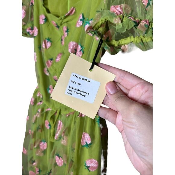 Unique Vintage Smak Parlour Avocado & Pink Strawberry Print Woodstock Flare Dres - Picture 6 of 9